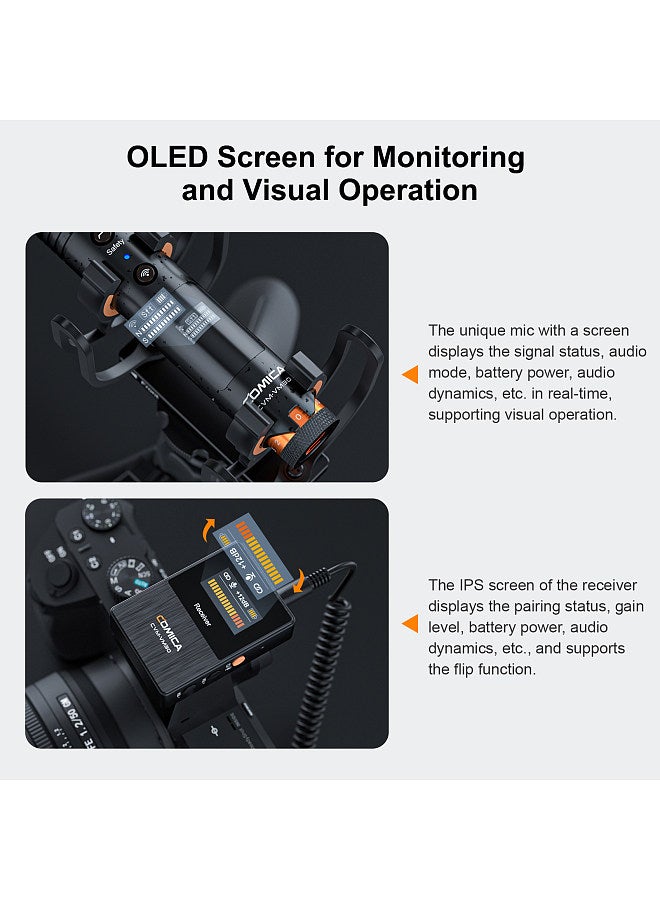 VM30 2.4G Camera Microphone Cardioid Condenser Mic System with 3.5mm Port OLED Screen Support Wired/Wireless Dual Modes Real-time Monitoring with Receiver Anti-Shock Mount & Wind Muff