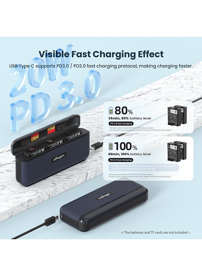 AA07 3-slot Fast Charge Box Battery Charger Type-C PD Fast Charging Case with TF Card Slots Sports Camera Accessory Replacement for DJI OSMO Action 4/3