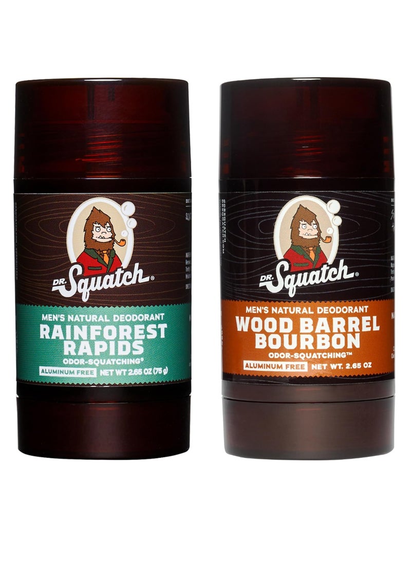 Men's Natural Deodorant - Aluminum-Free Deodorant from Dr. Squatch - Natural Deodorizer - made w/charcoal - Deodorant for Men - Smell fresh with Rainforest Rapids and Wood Barrel Bourbon (2 Pk)