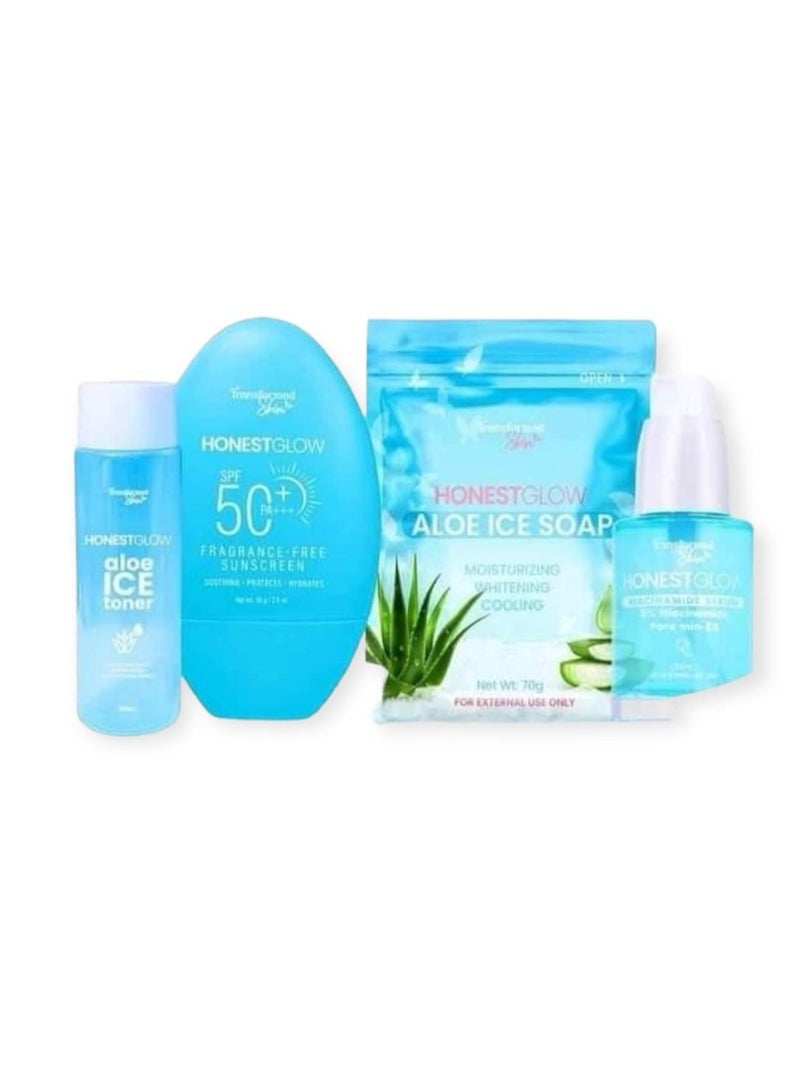honest glow blue combo set aloe ice soap | niacinamide serum and aloe ice toner | fragrance sunscreen