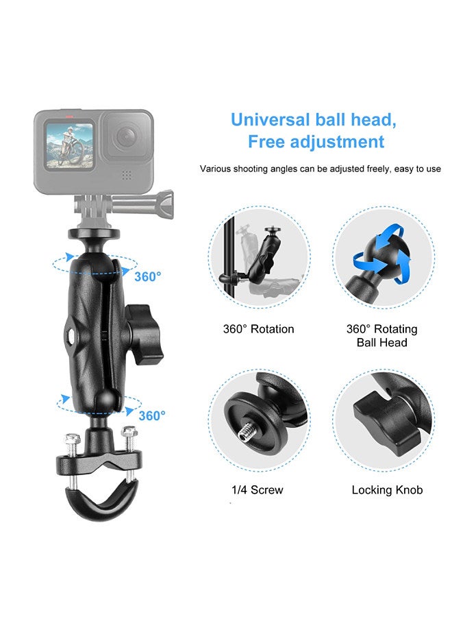PU701B Motorbike Bike Handlebar Mount Bracket Motorcycle Bicycle Camera Holder 1/4 Inch Screw with Sports Camera Mounting Adapter Replacement for GoPro Hero 11/10/9/8 INSTA360 ONE/ X2/ X3/GO2