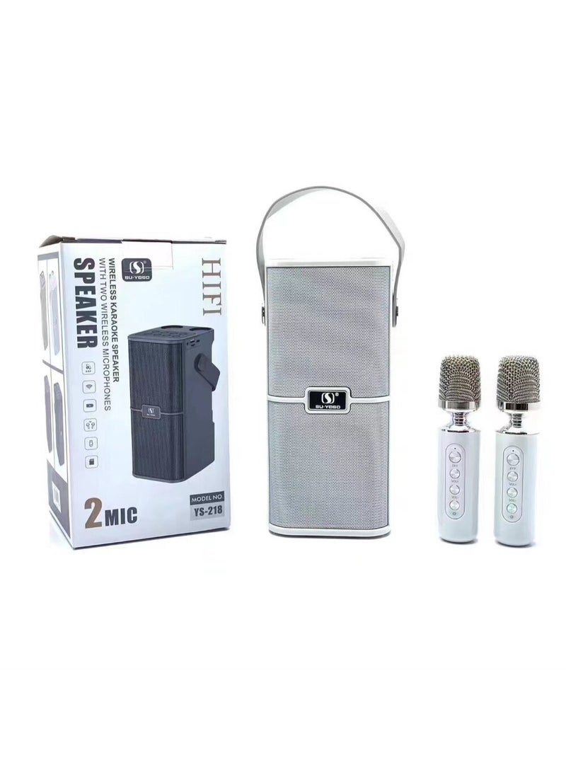 YS218 Karaoke Speaker Stereo Bass Dual Microphone White