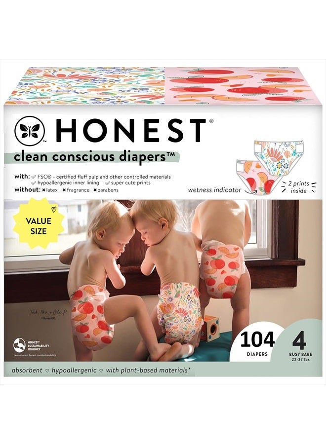 Clean Conscious Diapers | Plant-Based, Sustainable | Just Peachy + Flower Power | Super Club Box, Size 4 (22-37 lbs), 104 Count