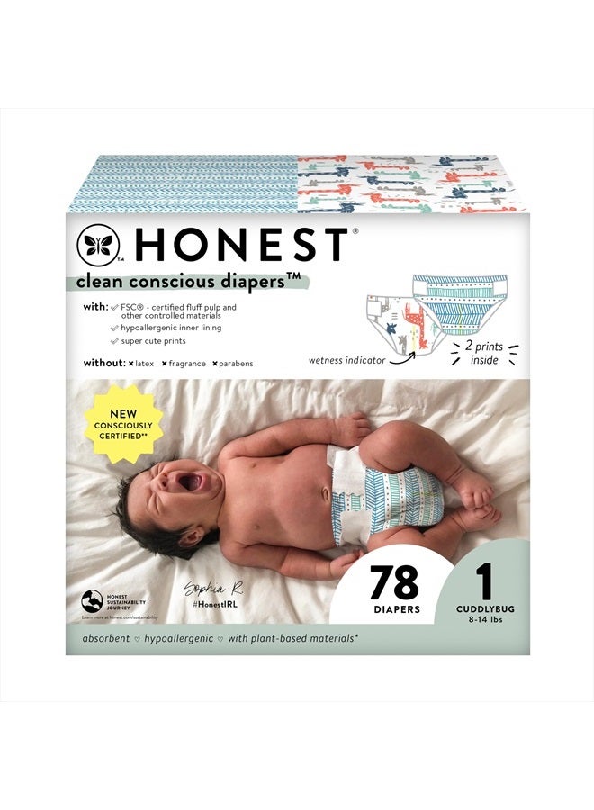 Clean Conscious Diapers | Plant-Based, Sustainable | Dots & Dashes + Multi-Colored Giraffes | Club Box, Size 1 (8-14 lbs), 78 Count