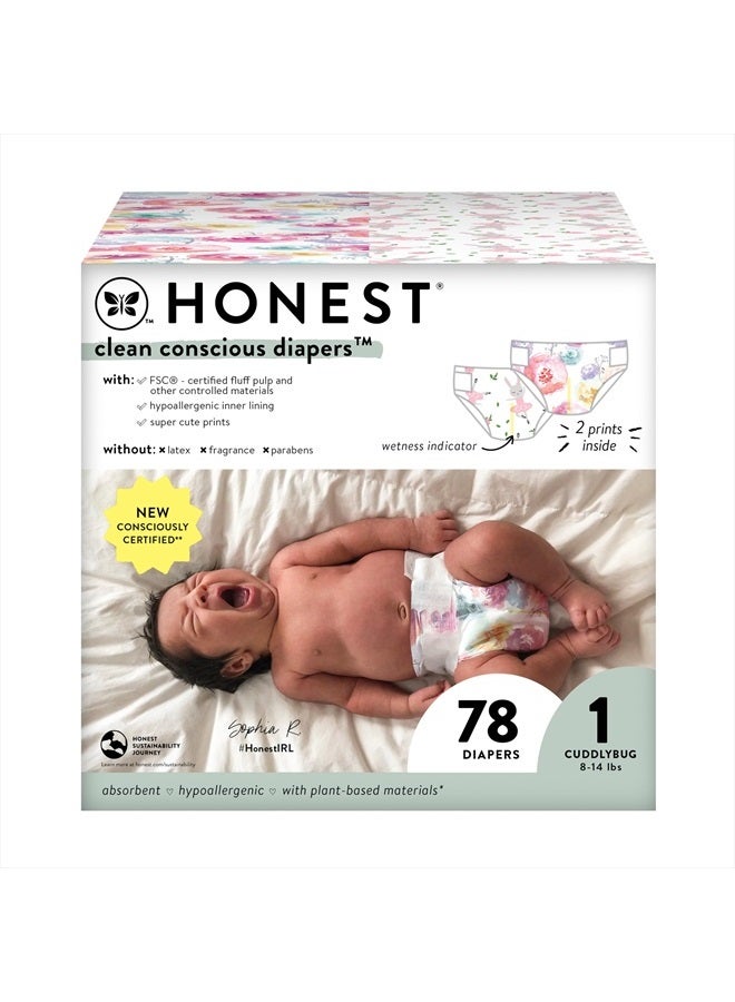 Clean Conscious Diapers | Plant-Based, Sustainable | Rose Blossom + Tutu Cute | Club Box, Size 1 (8-14 lbs), 78 Count