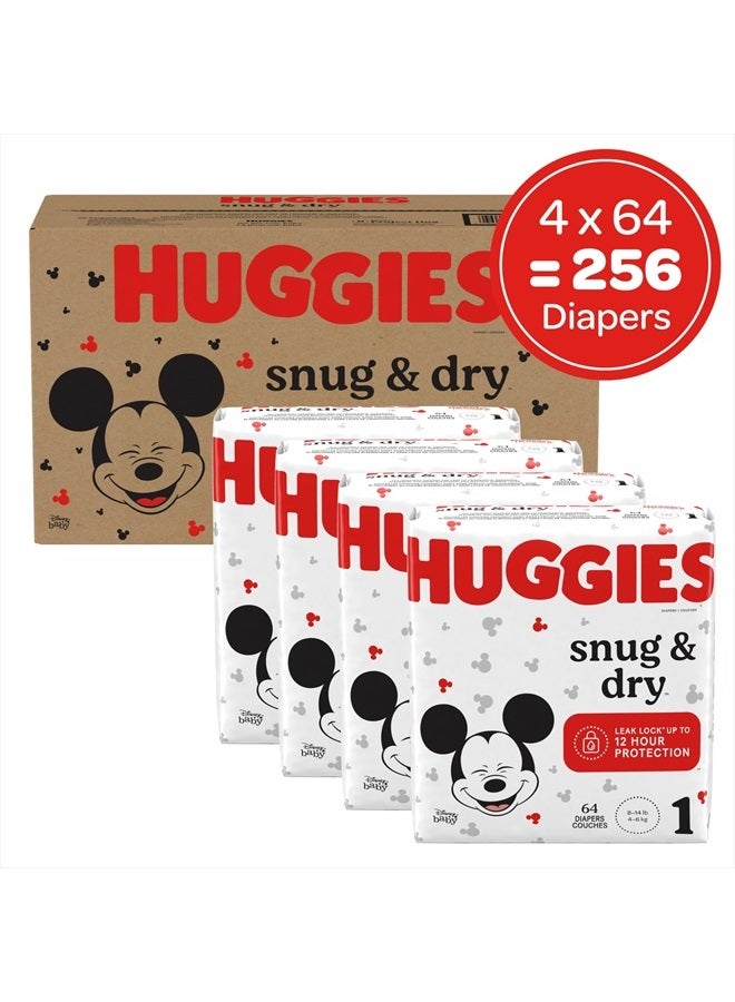 Huggies Size 1 Diapers, Snug & Dry Newborn Diapers, Size 1 (8-14 lbs), 256 Ct (4 packs of 64), Packaging May Vary