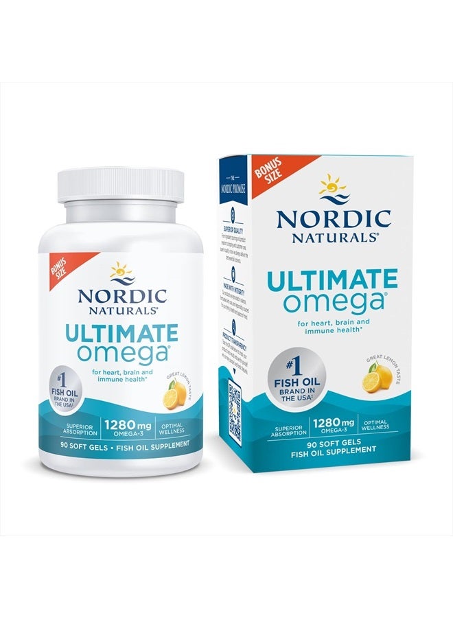 Ultimate Omega, Lemon Flavor - 90 Soft Gels - 1280 mg Omega-3 - High-Potency Omega-3 Fish Oil Supplement with EPA & DHA - Promotes Brain & Heart Health - Non-GMO - 45 Servings