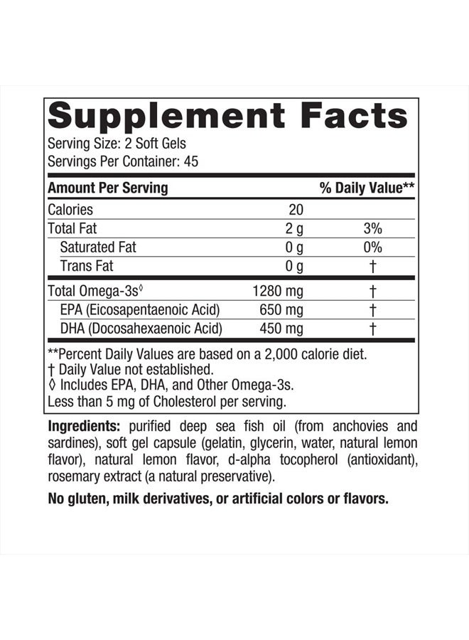 Ultimate Omega, Lemon Flavor - 90 Soft Gels - 1280 mg Omega-3 - High-Potency Omega-3 Fish Oil Supplement with EPA & DHA - Promotes Brain & Heart Health - Non-GMO - 45 Servings