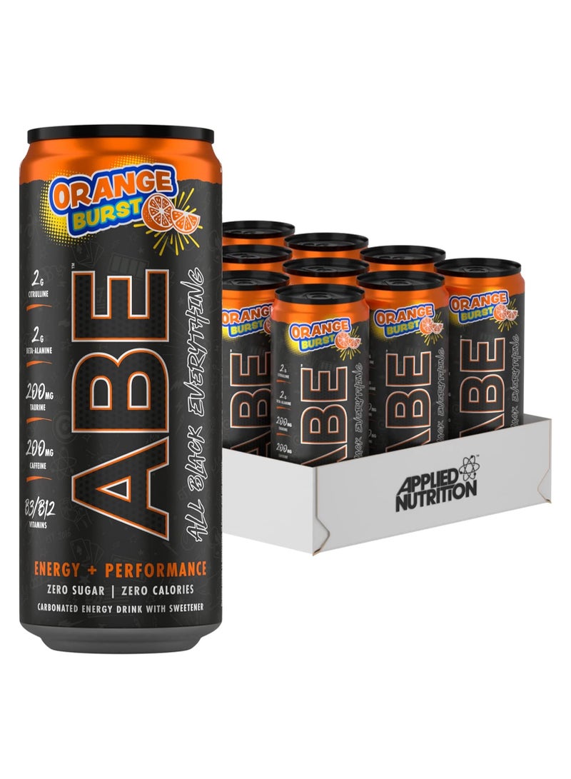 ABE Pre Workout Cans - All Black Everything Energy + Performance Drink, ABE Carbonated Beverage Sugar Free with Caffeine - Pack of 12 Cans x 330ml -Orange Burst