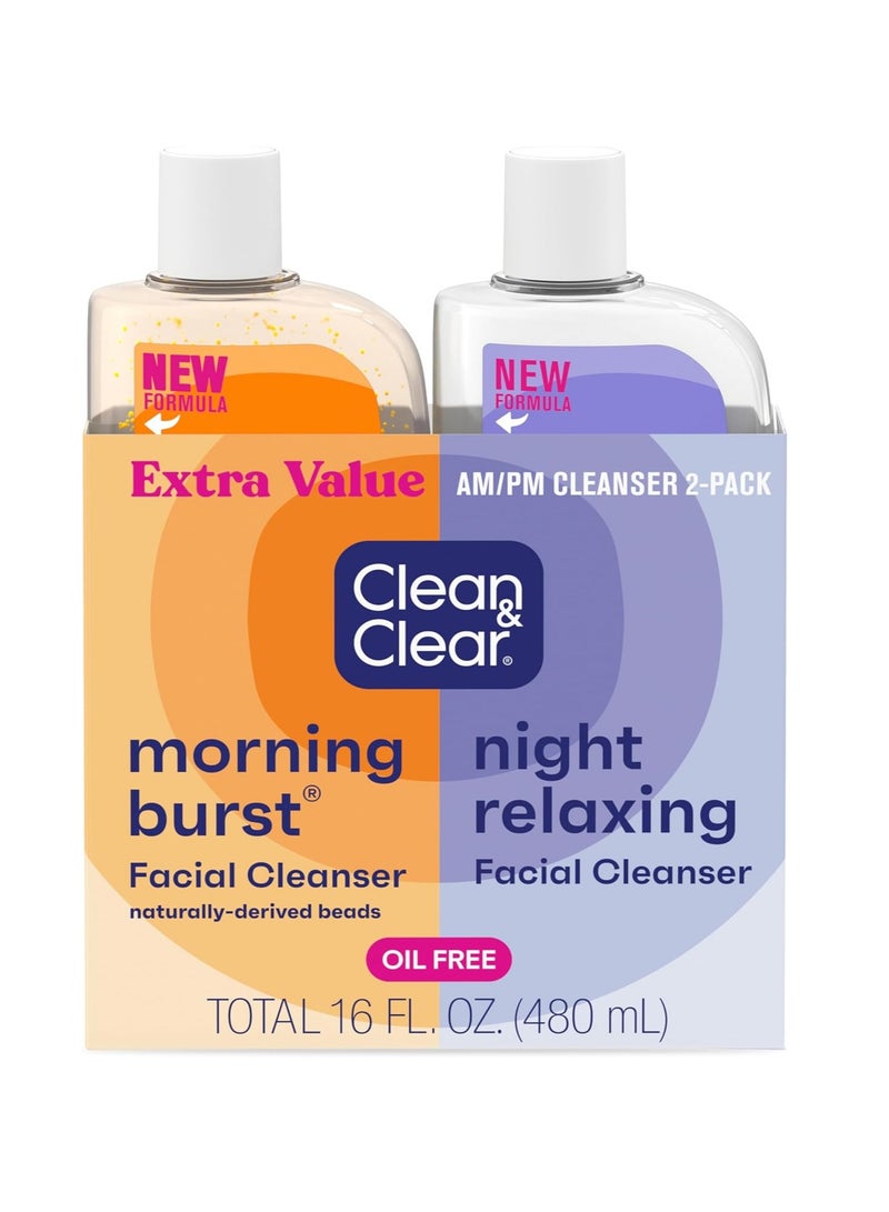 Clean & Clear 2-Pack Oil-Free Facial Cleansers with Citrus Scent, Morning Burst and Night Relaxing, 16 oz