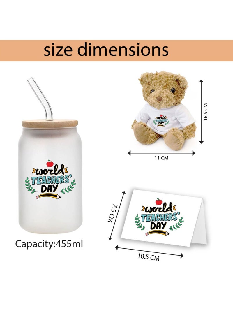 Teacher's Day Pack of 3 Combo Pack - Glass Bottle, Teddy Bear and Greeting Card - Reusable Bottle - Teacher's Day Gift Set - Gift for World Teachers Day