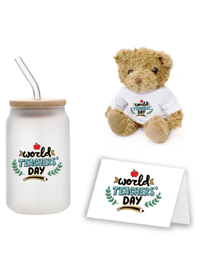 Teacher's Day Pack of 3 Combo Pack - Glass Bottle, Teddy Bear and Greeting Card - Reusable Bottle - Teacher's Day Gift Set - Gift for World Teachers Day