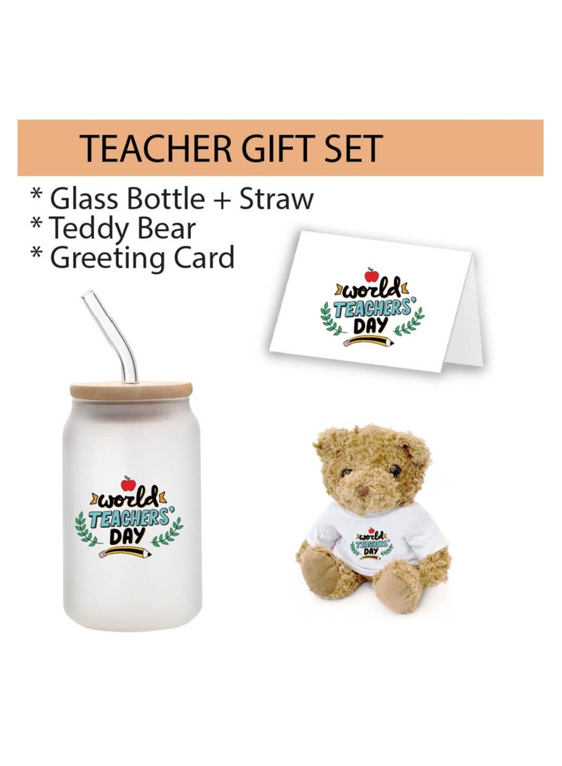 Teacher's Day Pack of 3 Combo Pack - Glass Bottle, Teddy Bear and Greeting Card - Reusable Bottle - Teacher's Day Gift Set - Gift for World Teachers Day