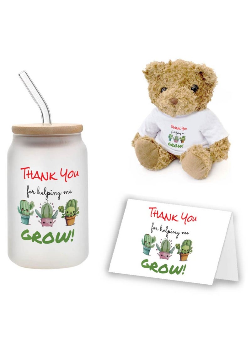 Teacher's Day Pack of 3 Combo Pack - Glass Bottle, Teddy Bear and Greeting Card - Reusable Bottle - Teacher's Day Gift Set - Gift for World Teachers Day