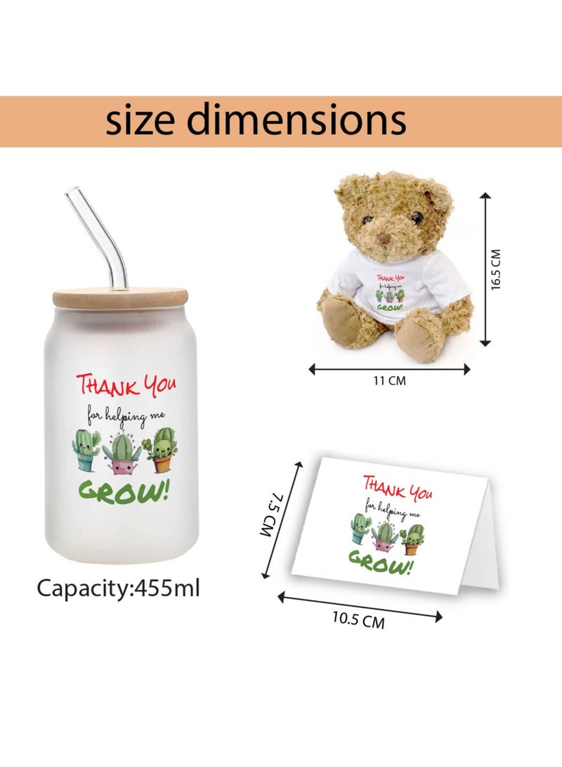 Teacher's Day Pack of 3 Combo Pack - Glass Bottle, Teddy Bear and Greeting Card - Reusable Bottle - Teacher's Day Gift Set - Gift for World Teachers Day