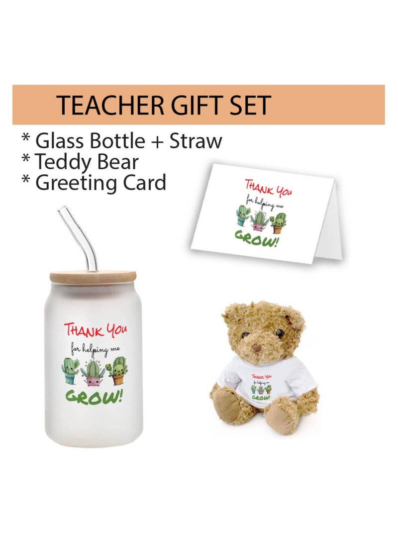 Teacher's Day Pack of 3 Combo Pack - Glass Bottle, Teddy Bear and Greeting Card - Reusable Bottle - Teacher's Day Gift Set - Gift for World Teachers Day