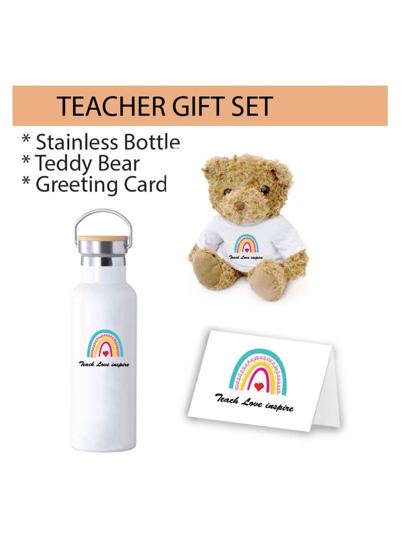 Teacher's Day Pack of 3 Combo Pack - Stainless Steel Bamboo Cap Flask Bottle 600ml, Teddy Bear and Greeting Card - Teacher's Day Gift Set - Gift for World Teachers Day