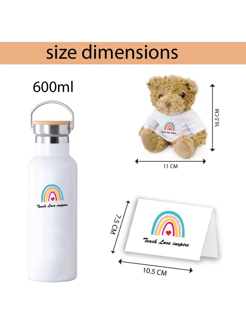 Teacher's Day Pack of 3 Combo Pack - Stainless Steel Bamboo Cap Flask Bottle 600ml, Teddy Bear and Greeting Card - Teacher's Day Gift Set - Gift for World Teachers Day