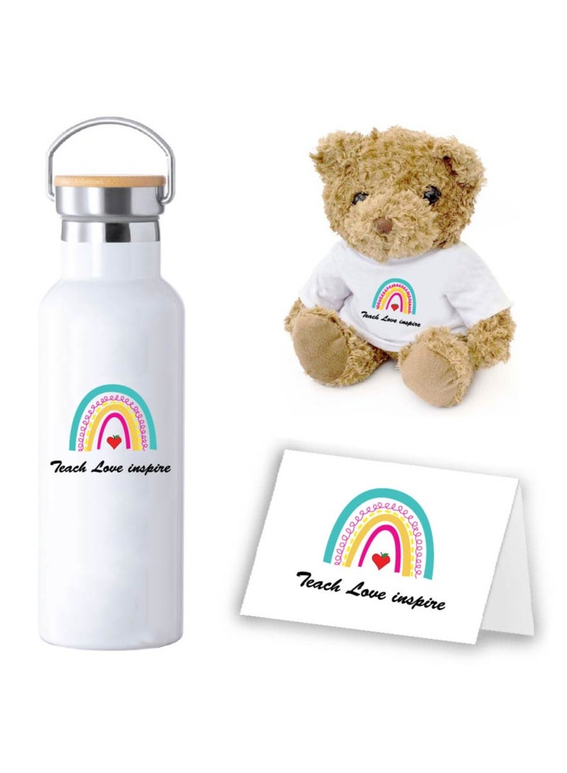 Teacher's Day Pack of 3 Combo Pack - Stainless Steel Bamboo Cap Flask Bottle 600ml, Teddy Bear and Greeting Card - Teacher's Day Gift Set - Gift for World Teachers Day