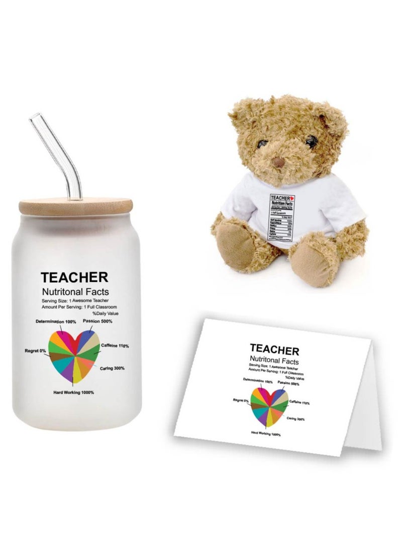 Teacher's Day Pack of 3 Combo Pack - Glass Bottle, Teddy Bear and Greeting Card - Reusable Bottle - Teacher's Day Gift Set - Gift for World Teachers Day