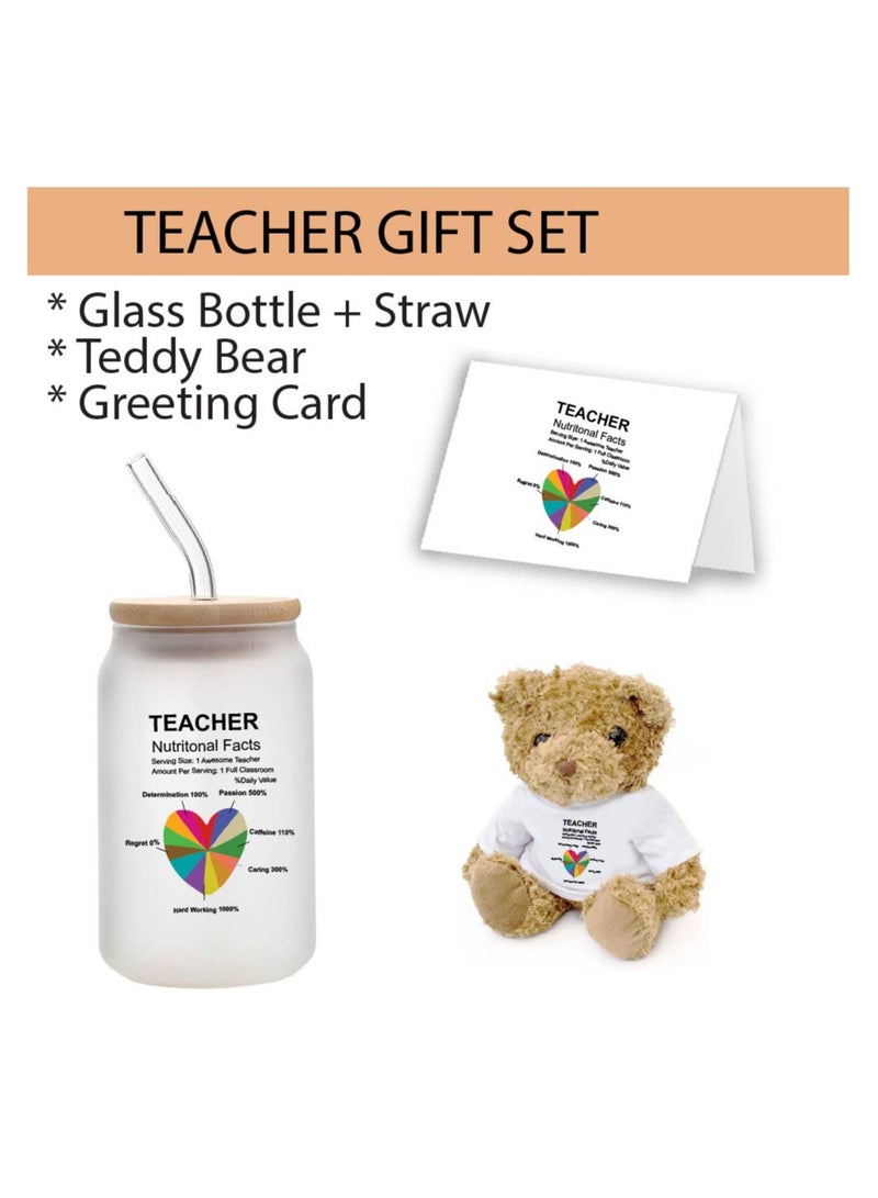 Teacher's Day Pack of 3 Combo Pack - Glass Bottle, Teddy Bear and Greeting Card - Reusable Bottle - Teacher's Day Gift Set - Gift for World Teachers Day