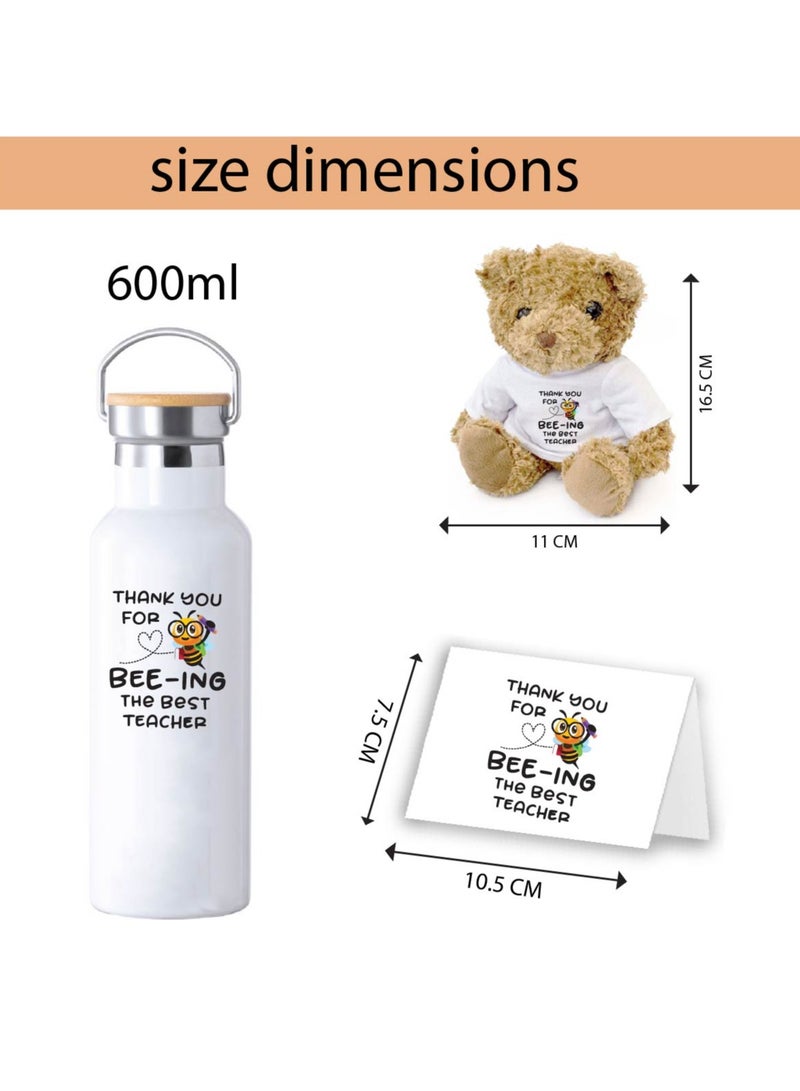 Teacher's Day Pack of 3 Combo Pack - Stainless Steel Bamboo Cap Flask Bottle 600ml, Teddy Bear and Greeting Card - Teacher's Day Gift Set - Gift for World Teachers Day