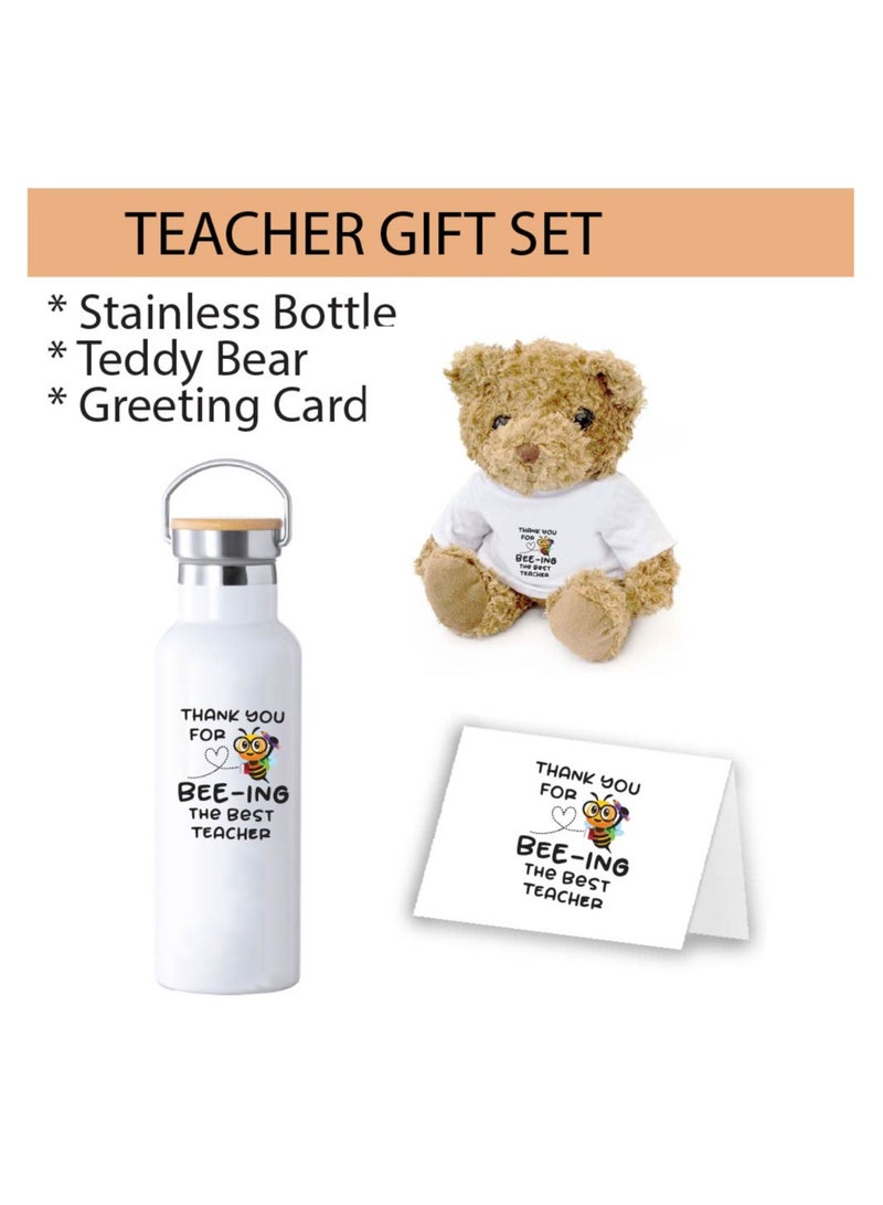 Teacher's Day Pack of 3 Combo Pack - Stainless Steel Bamboo Cap Flask Bottle 600ml, Teddy Bear and Greeting Card - Teacher's Day Gift Set - Gift for World Teachers Day