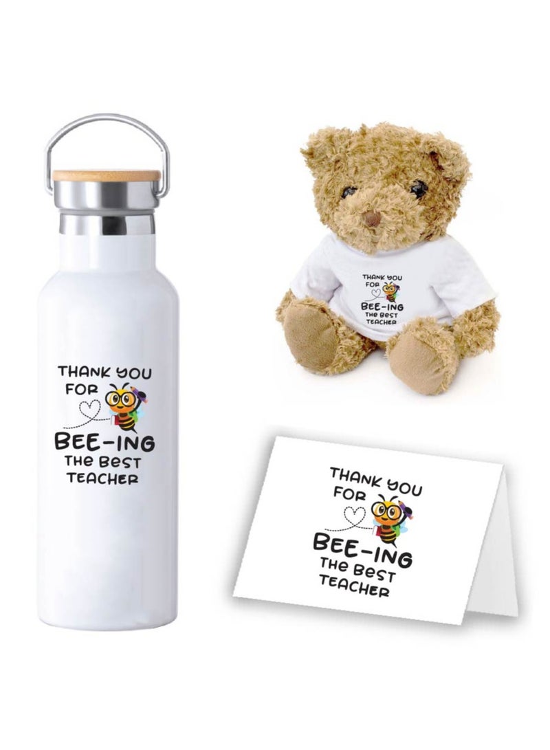 Teacher's Day Pack of 3 Combo Pack - Stainless Steel Bamboo Cap Flask Bottle 600ml, Teddy Bear and Greeting Card - Teacher's Day Gift Set - Gift for World Teachers Day