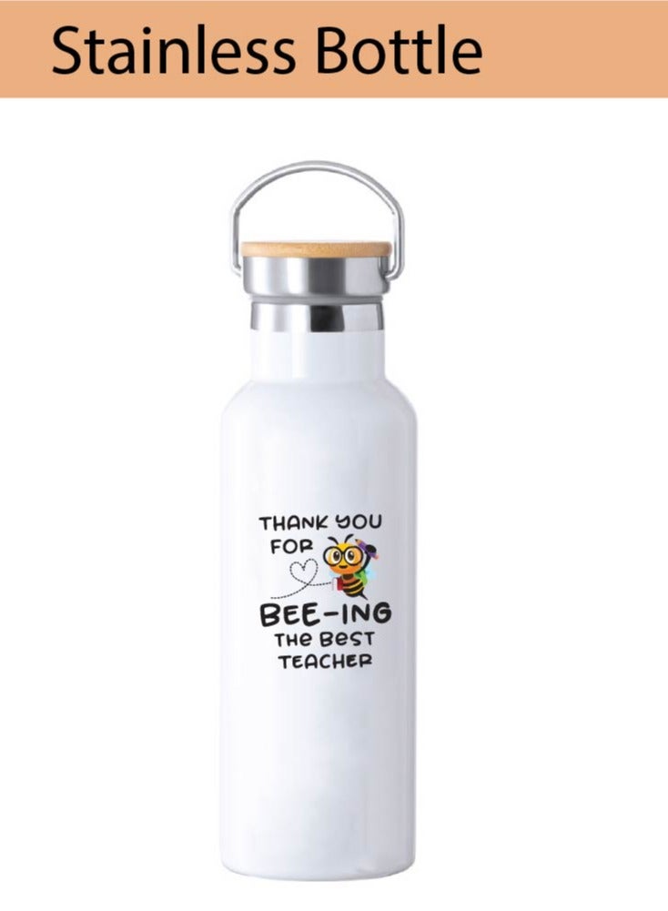 Teacher's Day Pack of 3 Combo Pack - Stainless Steel Bamboo Cap Flask Bottle 600ml, Teddy Bear and Greeting Card - Teacher's Day Gift Set - Gift for World Teachers Day