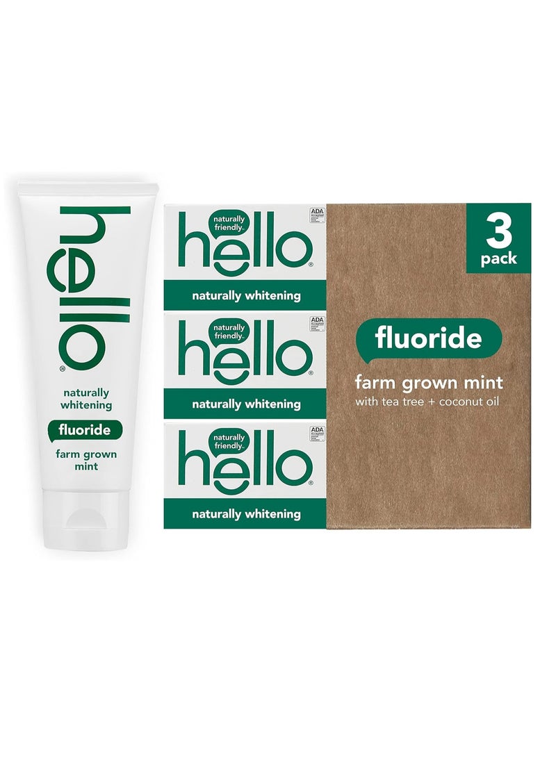 Hello Naturally Whitening Fluoride Toothpaste, Natural Peppermint Flavor and Tea Tree Oil, Peroxide Free, Gluten Free, SLS Free, 3 Pack, 4.7 OZ Tubes