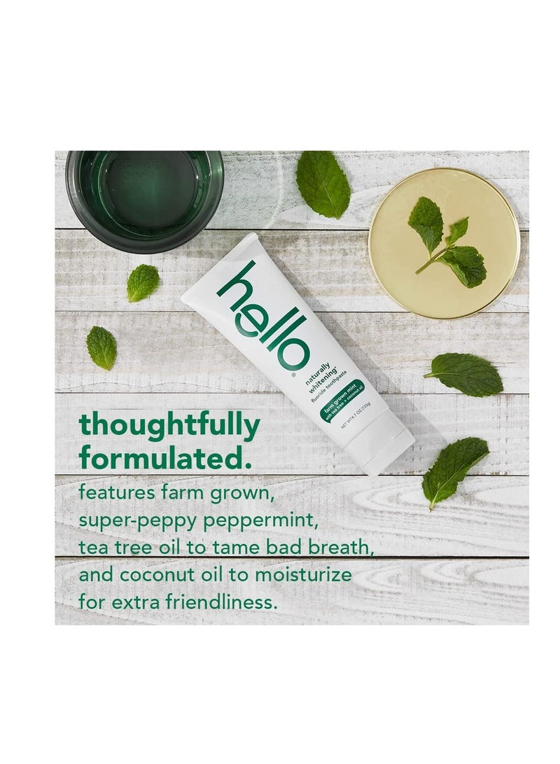 Hello Naturally Whitening Fluoride Toothpaste, Natural Peppermint Flavor and Tea Tree Oil, Peroxide Free, Gluten Free, SLS Free, 3 Pack, 4.7 OZ Tubes