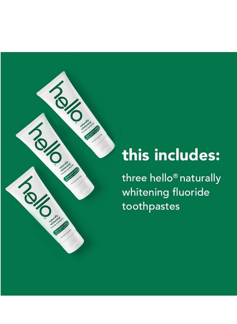 Hello Naturally Whitening Fluoride Toothpaste, Natural Peppermint Flavor and Tea Tree Oil, Peroxide Free, Gluten Free, SLS Free, 3 Pack, 4.7 OZ Tubes