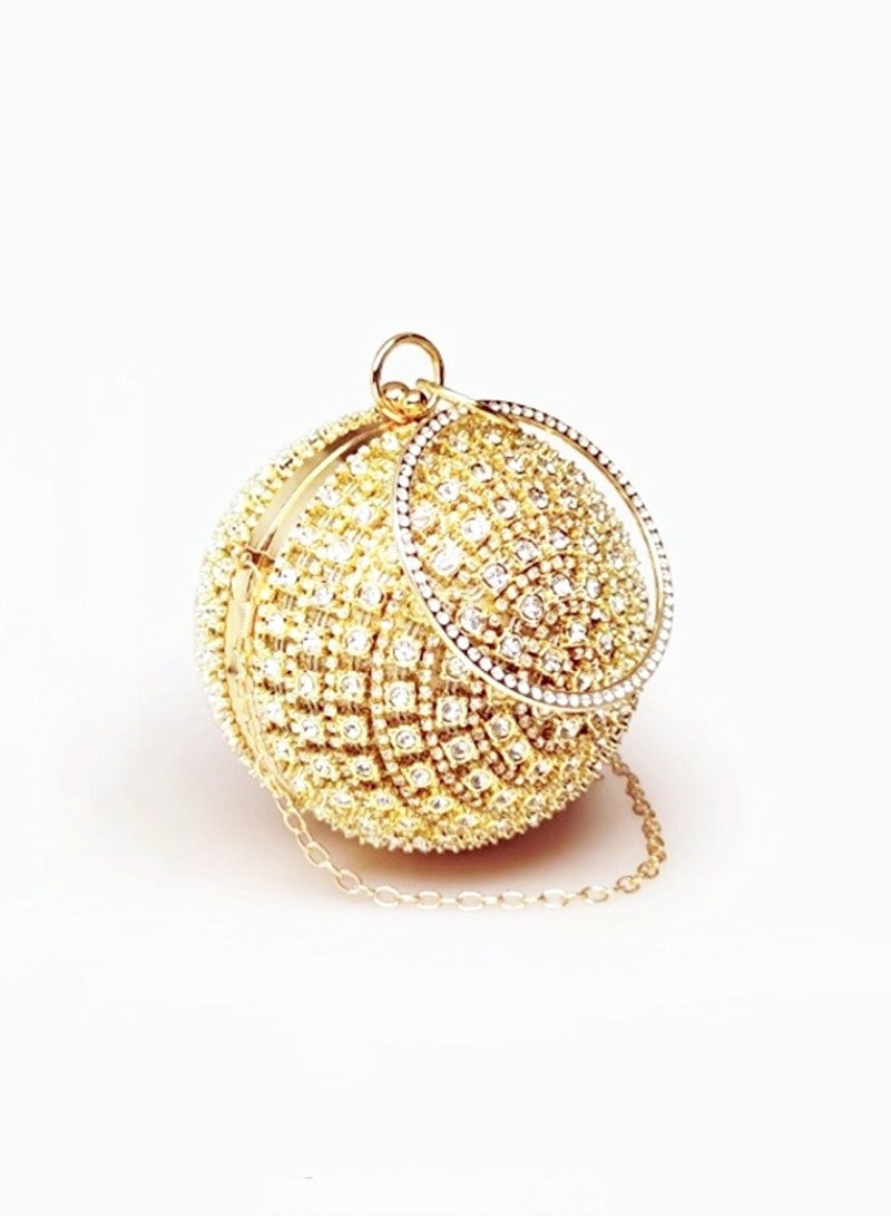 Gold crystal inlaid three-dimensional ball shape mini small handbag round handle banquet clutch party bag
