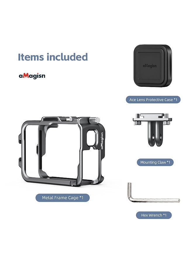 AC01 Sports Camera Video Cage Camera Cage Aluminum Alloy with Dual Cold Shoe Mounts & Sports Camera Adapter Metal Protective Frame Compatible with Insta360 Ace/Ace Pro