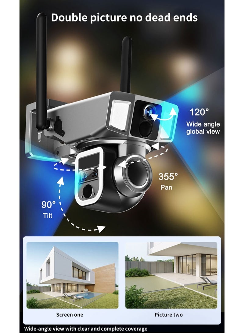 4G & Wi-Fi Two Modes of Internet Access Multi-lens 4K/5MP Solar Powered PTZ Camera 360° View Video Surveillance System, Motion Detection, Full-Color Night Vision, 2-Way Audio, Pan Tilt, Cloud Storage