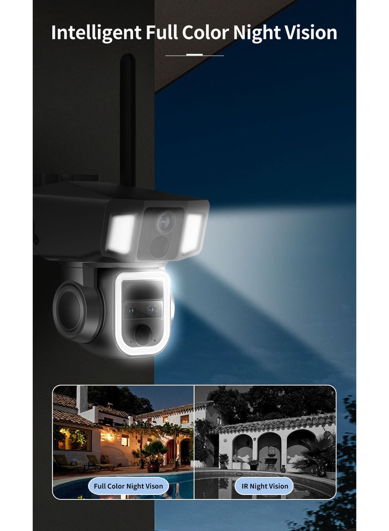 4G & Wi-Fi Two Modes of Internet Access Multi-lens 4K/5MP Solar Powered PTZ Camera 360° View Video Surveillance System, Motion Detection, Full-Color Night Vision, 2-Way Audio, Pan Tilt, Cloud Storage