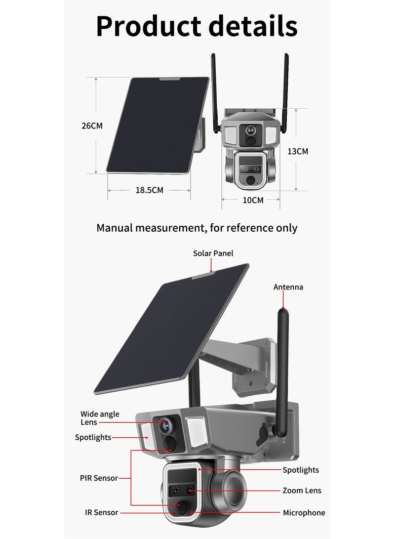 4G & Wi-Fi Two Modes of Internet Access Multi-lens 4K/5MP Solar Powered PTZ Camera 360° View Video Surveillance System, Motion Detection, Full-Color Night Vision, 2-Way Audio, Pan Tilt, Cloud Storage