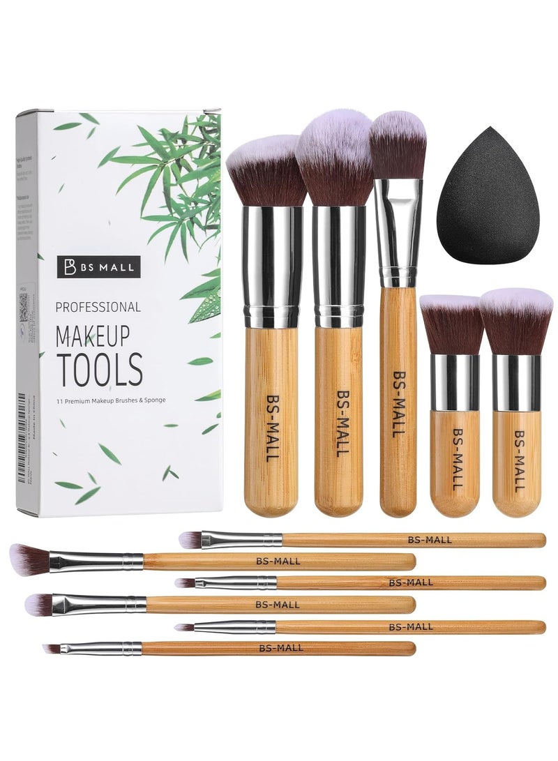 BS-MALL Makeup Brush Set 11Pcs Bamboo Synthetic Kabuki Brush Set Foundation Powder Blending Concealer Eye shadows Blush Cosmetics Brushes with Organizer Bag & Makeup Sponge