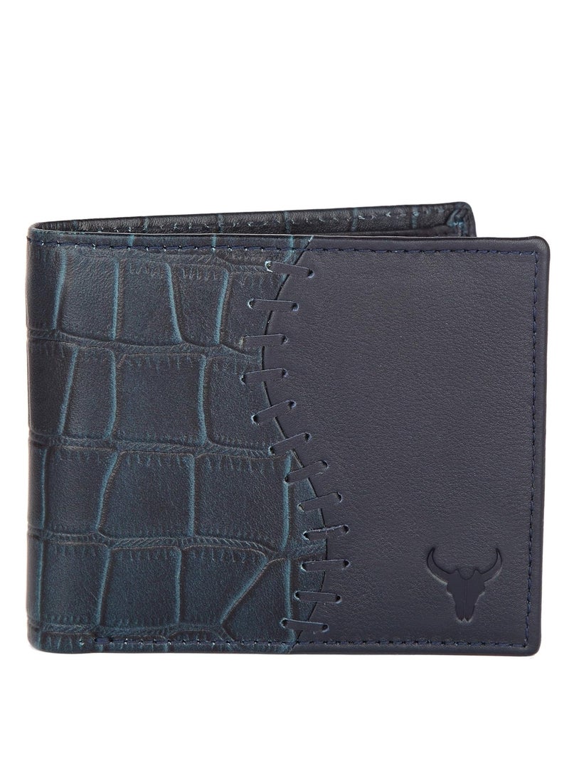Blue Leather Wallet for Men I 4 Card Slots I 2 Currency Compartments I 1 ID Window I 3 Secret Compartments I External Card Slot I 1 Coin Pocket