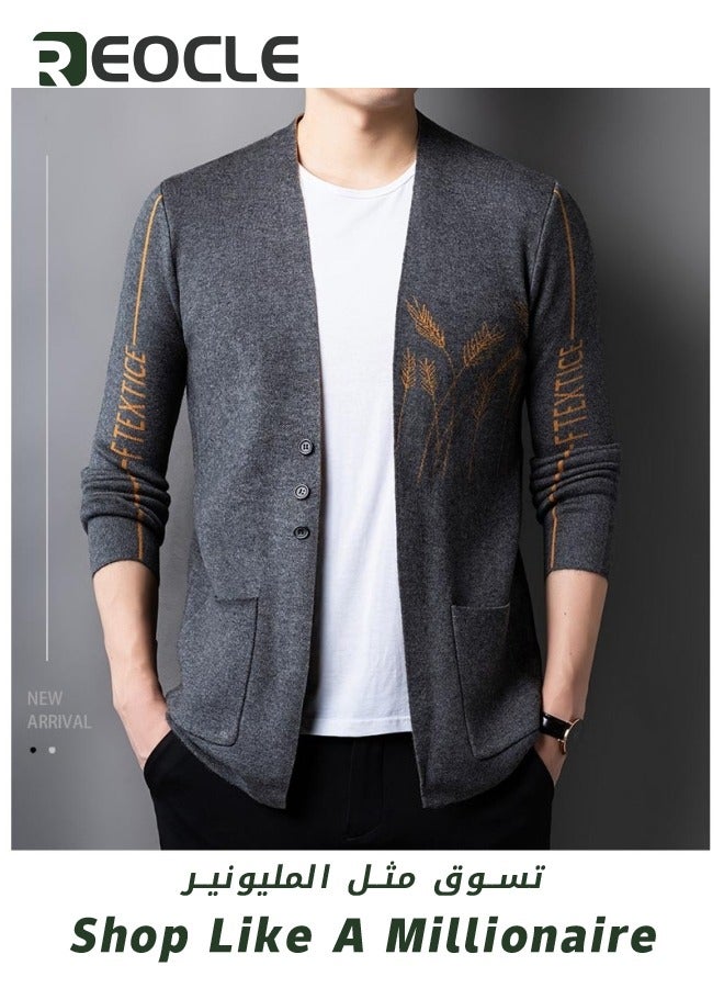 Men's Casual Knit Cardigan Sweaters Men Knitted Jackets with Wheat Pattern Long Sleeve Lightweight Comfortble Tops Coat Grey