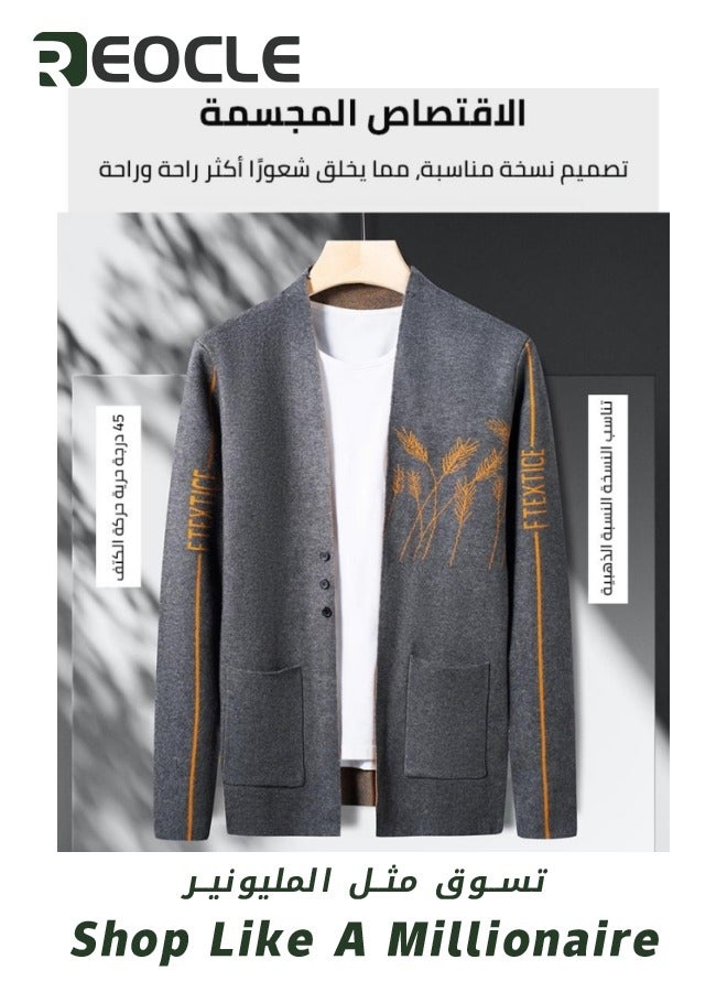 Men's Casual Knit Cardigan Sweaters Men Knitted Jackets with Wheat Pattern Long Sleeve Lightweight Comfortble Tops Coat Grey