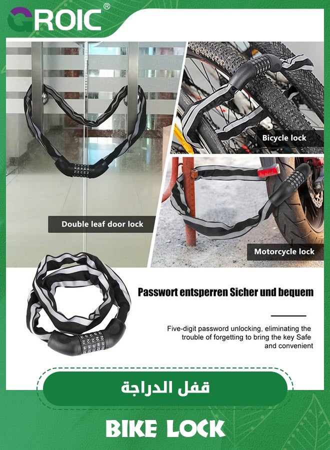 Bike Chain Lock 2.95Ft Heavy Duty Bike Lock Anti-Theft Bicycle Chain Lock, High Security 5 Digit Resettable Combination Coiling Bicycle Lock, Bicycle Chain Lock with reflective strips