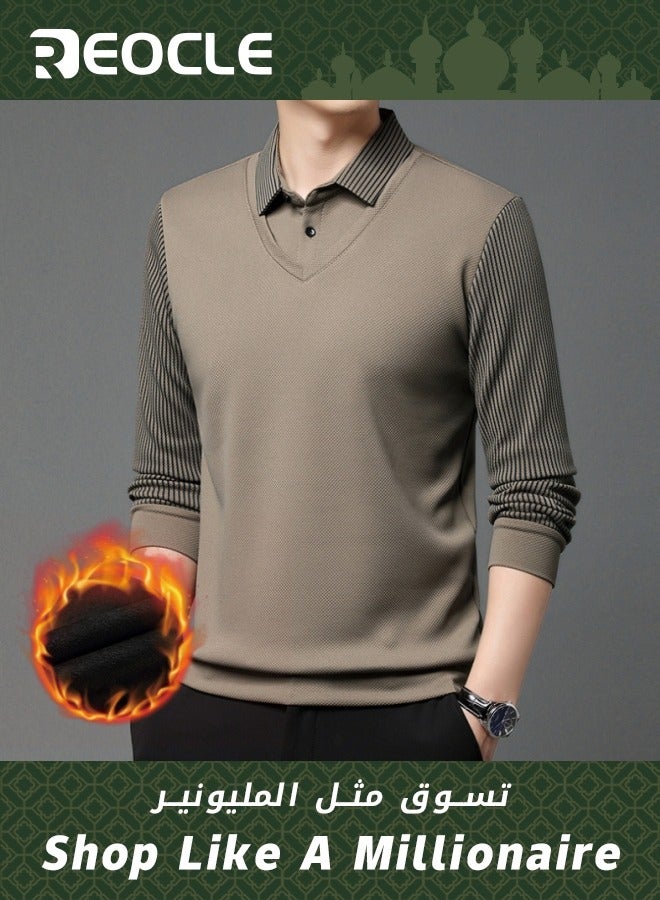 Men's Fall Winter Striped Knitted Shirt Casual & Formal Fit Shirt Fake Two-Piece Long-Sleeved Khaki