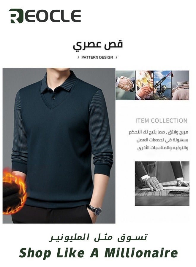 Men's Fall Winter Striped Knitted Shirt Casual & Formal Fit Shirt Fake Two-Piece Long-Sleeved Khaki