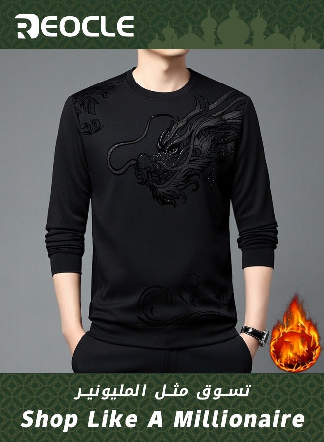 Men's Fall Winter Printed Shiny Causal Pulls Without Hoodie Round Neck Shirt Warm Black