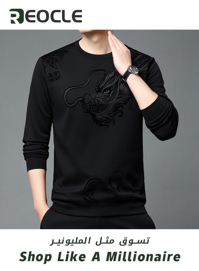 Men's Fall Winter Printed Shiny Causal Pulls Without Hoodie Round Neck Shirt Warm Black