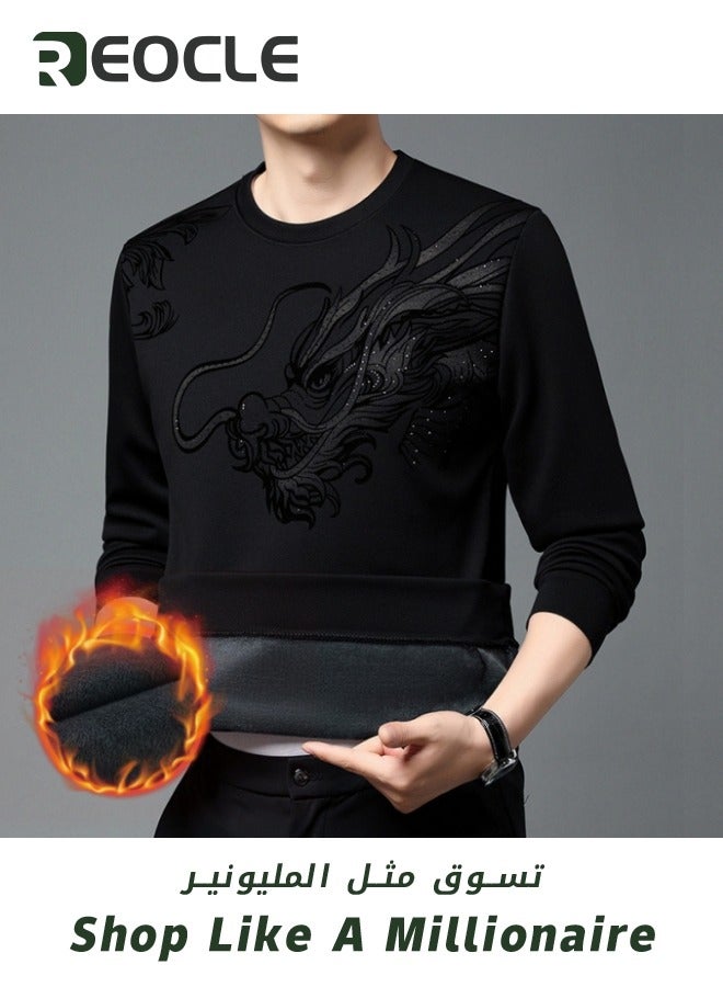 Men's Fall Winter Printed Shiny Causal Pulls Without Hoodie Round Neck Shirt Warm Black