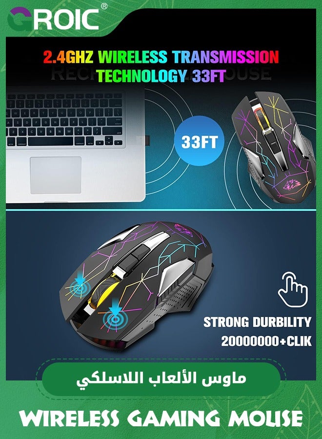 Black Wireless Gaming Mouse Rechargeable with Silent Rainbow RGB Backlit ,2.4G USB Nano Receiver Optical Sensor 3 level DPI,Ergonomic Gamer Laptop High Performance PC Mice for Windows/Mac/Vista