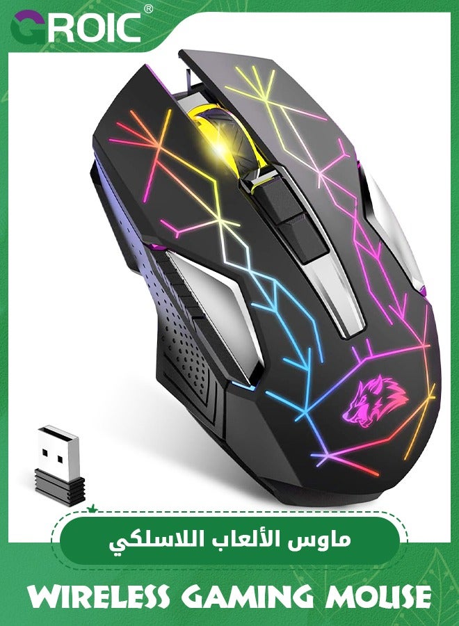 Black Wireless Gaming Mouse Rechargeable with Silent Rainbow RGB Backlit ,2.4G USB Nano Receiver Optical Sensor 3 level DPI,Ergonomic Gamer Laptop High Performance PC Mice for Windows/Mac/Vista