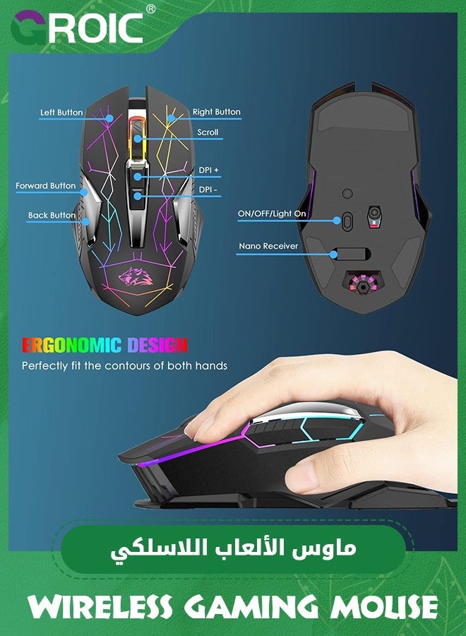 Black Wireless Gaming Mouse Rechargeable with Silent Rainbow RGB Backlit ,2.4G USB Nano Receiver Optical Sensor 3 level DPI,Ergonomic Gamer Laptop High Performance PC Mice for Windows/Mac/Vista